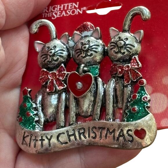 Kitty Cats Christmas brooch NEW on card giftable pewter Cat Fancier Holiday Pin - Picture 4 of 4